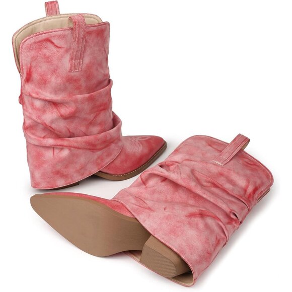 Women's Pink Leather Vintage Retro Mid Calf Chunky Heels Western Cowgirl Boots - Picture 8 of 8
